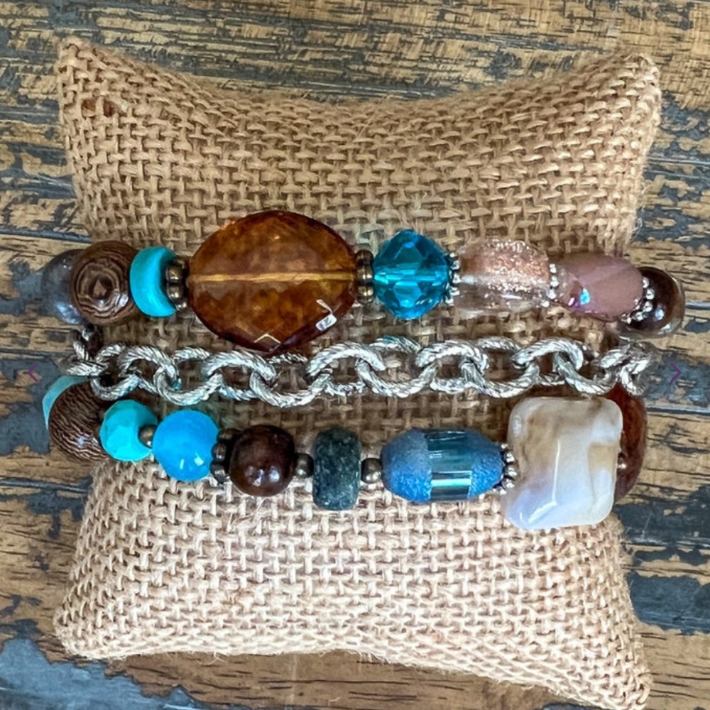 Bohemian “ Gracie “ BOHO Silver 3 Strand Multi Colored Beaded Bracelet